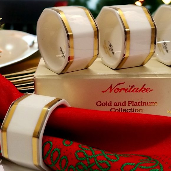 Gold & Platinum Band Napkin Holder Set 4-Noritake Vintage Napkin Rings Colection - Picture 1 of 13